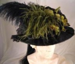 Black Victorian Touring Hat  w/Black Lace &amp; Vintage Green Crown - £69.00 GBP+
