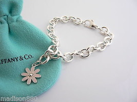 Tiffany &amp; Co Daisy Flower Bracelet Silver Pink Enamel Bangle Charm Clasp Gift - £546.72 GBP