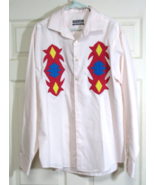 Men&#39;s Ivory Oversize Shirt Blue, Red Yellow Applique XL 17 1/2 Chest 50&quot; - £27.40 GBP