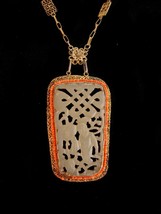 Antique Jade necklace Chinese carved Gods Coral seed pearls Original gilt silver - £468.65 GBP