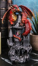 Ebros Ember Fire Dragon Wyrmling On Castle Tower Top Statue with Gem 5.2... - $18.99