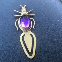 Vintage Goldtone Insect Beetle Bug w Bright Purple Faceted Oval Cab Bookmark Boo - £12.35 GBP