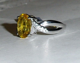 Yellow Fluorite Oval Solitaire &amp; White Topaz Ring, 925 Silver, Size 7, 4.24(TCW) - £47.94 GBP