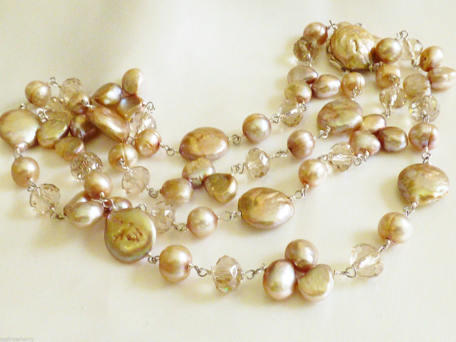 Cream color Keishi Pearl & Crystal beads Sterling Silver 925 link necklace 30"L - $123.75