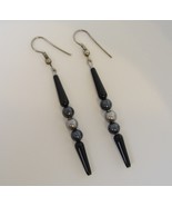 Long Beaded Handmade Earrings Black Grey Beads Silver Metal Pierced OOAK... - $23.00