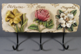 Wall Hooks 3D Flowers Narcissus Rose &amp; Magnolia Hard Resin 8.25&quot; X 5&quot;. - £20.66 GBP