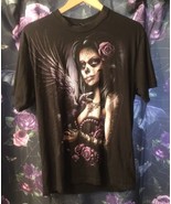 Beautiful Spiral Purple Roses Sugar Skull Woman Gothic Top PO Exc Size L - £15.93 GBP