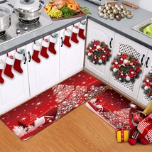 Kitchen Rug Sets 2 Pc. Non-Slip Kitchen Mats And Rug Red Merry Christmas Tree - £33.03 GBP