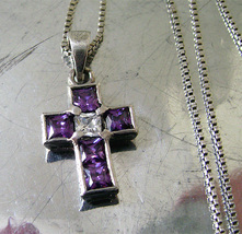 Vintage Sterling Cross Pendant Princess Cut Amethyst  Sapphire Italy  - £38.53 GBP