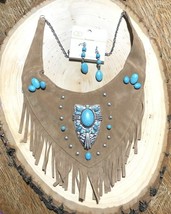 Native American Style Suede Bib Faux Turquoise Necklace Set New - £13.41 GBP