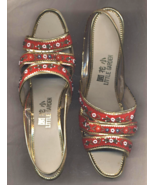 Vintage Chinese Asian Ladies Beaded Plush Red High Heel Sandals Gold Str... - £51.51 GBP