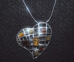 Sterling Silver &amp; Multicolored Baltic Amber Heart Necklace on 18&quot; Chain  (JT1) - £58.66 GBP