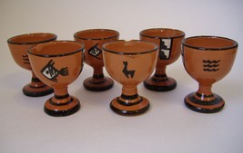 Egg Cups Peru Set of 6 Vintage Clay Pottery Brown Fish Llama Aztec Colle... - $48.00