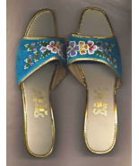 Vintage Chinese Asian Ladies Beaded Plush Blue Low Heel Wood Sandals Gol... - £67.35 GBP