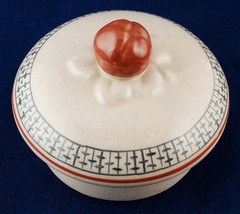 Orphan Lid Round Pottery Ceramic Beige w Geometric Pattern Red/Brown Finial - £3.93 GBP