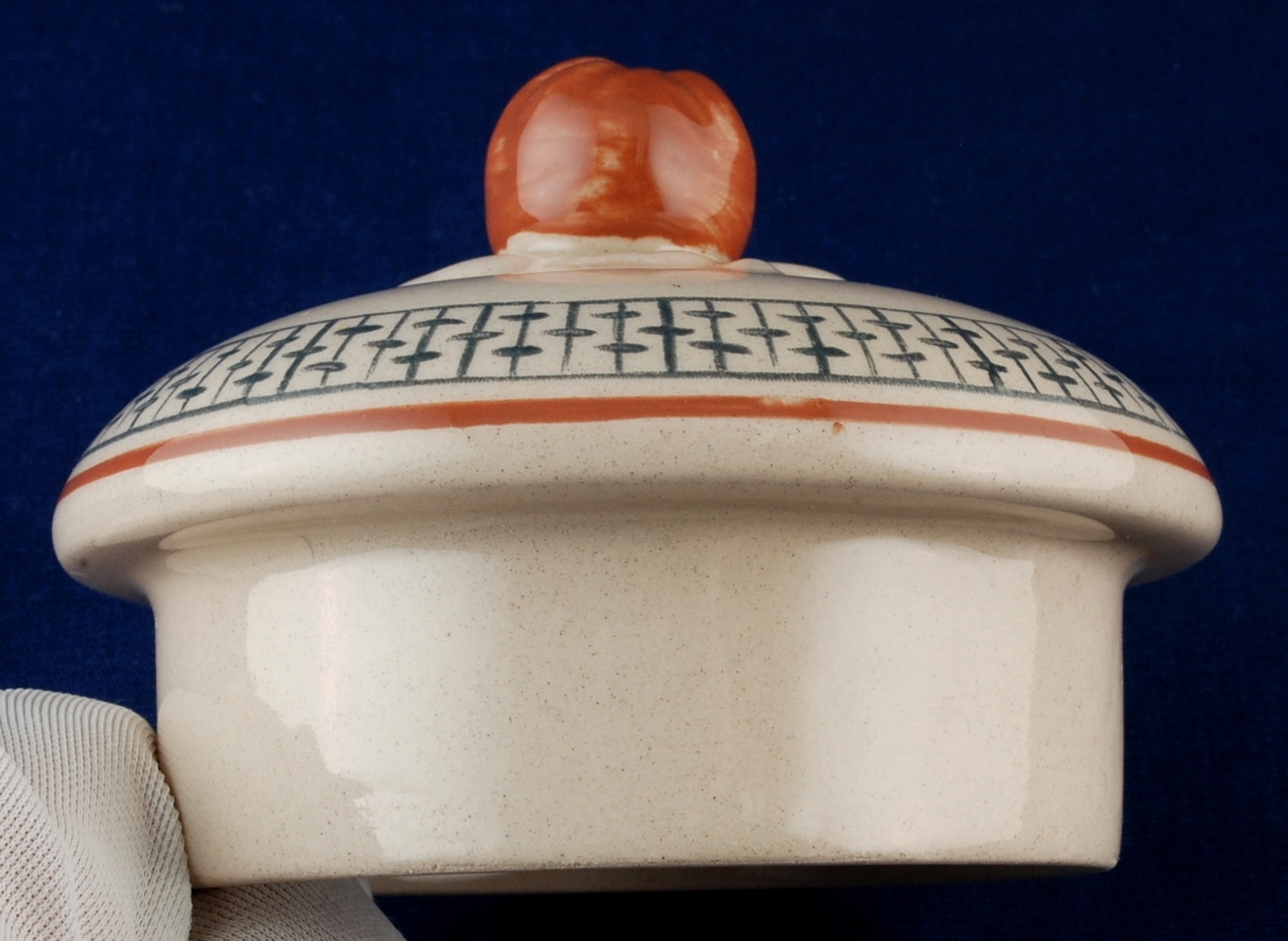 Orphan Lid Round Pottery Ceramic Beige w Geometric Pattern Red/Brown Finial Item image 2