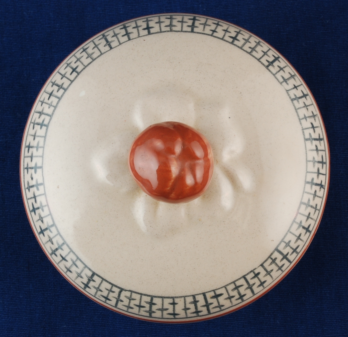 Orphan Lid Round Pottery Ceramic Beige w Geometric Pattern Red/Brown Finial Item image 3