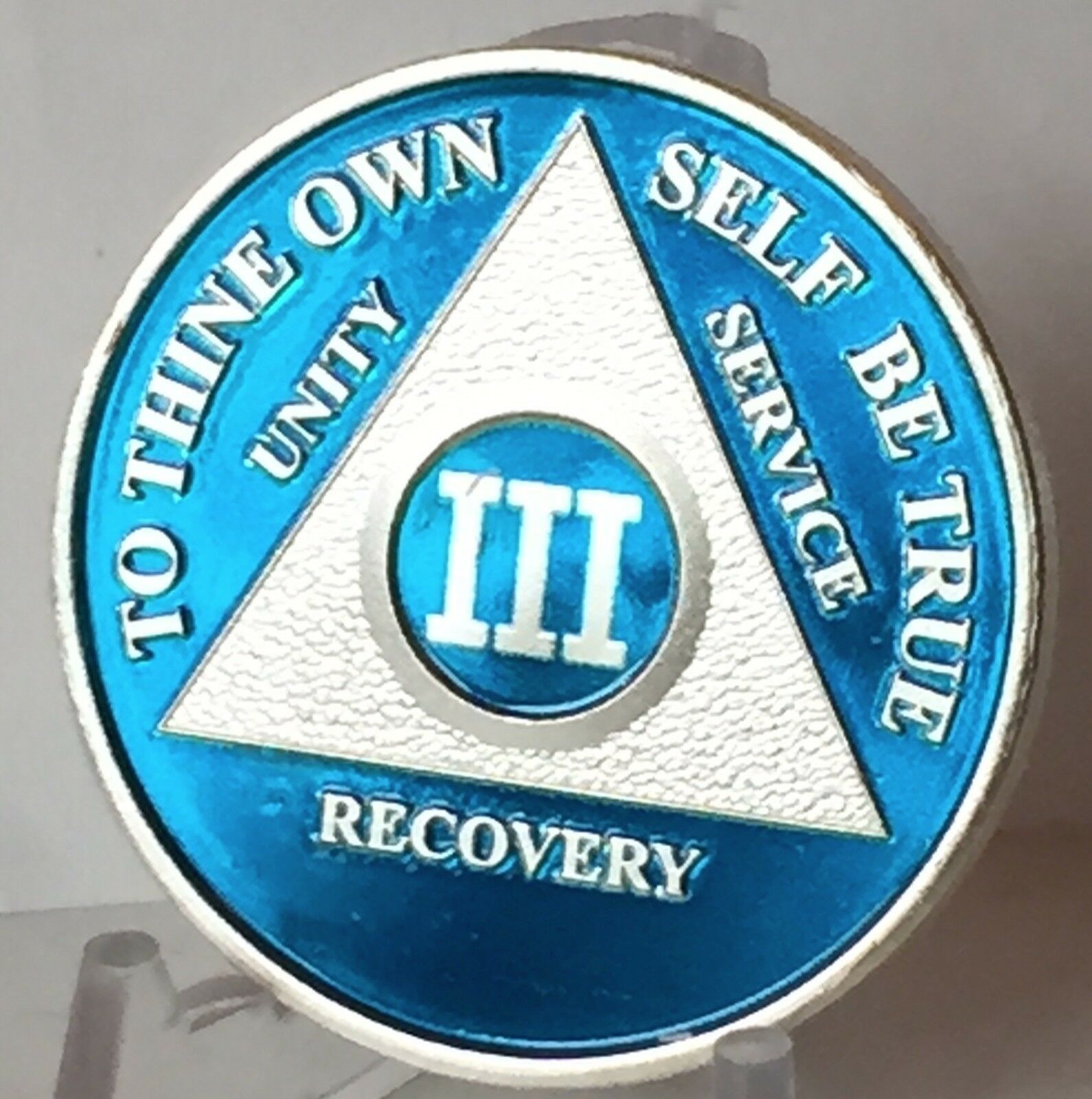 Blue Silver Plated 3 Year AA Chip Alcoholics Anonymous Medallion Coin Three