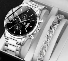 Men&#39;s Stainless Steel Luxury Quartz Watch w Stainless Steel Bracelet 2 p... - £15.57 GBP