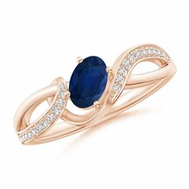 ANGARA Solitaire Oval Sapphire Twisted Ribbon Ring with Pave Diamond Accents - £677.63 GBP