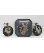 Antique Siam Niello Sterling Black Brooch and Earrings  - $74.25