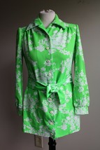 Vtg 70s Leslie Fay Knit 36&quot; Green White Floral Long Sleeve Button Front ... - £23.90 GBP