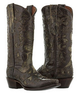 Womens Western Cowboy Boots Brown Overlay Real Leather Two Tone Snip Toe... - £84.97 GBP