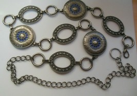 Vintage Women&#39;s Embossed Metal Link Belt W/Blue Enamel 48&quot; Long- Adjustable - £40.64 GBP