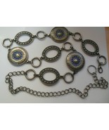 Vintage Women&#39;s Embossed Metal Link Belt W/Blue Enamel 48&quot; Long- Adjustable - $72.11 CAD