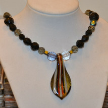 vintage Large art glass pendant necklace faceted bead beaded - $19.79