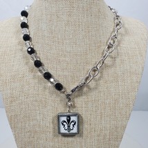 Vintage BOHO Fleur de Lis Choker Necklace Clear Black Silver Tone 16 Inch - $14.50