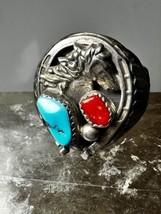 Horse ring Horseshoe turquoise coral biker size 13.50 sterling silver men - £207.39 GBP