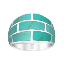 Modern Brick Blocks of Green Turquoise Inlay Sterling Silver Ring - 6 - £13.86 GBP