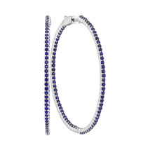 14k White Gold Womens Round Blue Sapphire Large Slender Hoop Earrings - $1,899.00