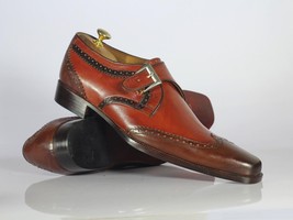 Handmade Men&#39;s Brown Leather Shoes, Men Monk Strap Wing Tip Dress Formal Shoes - £117.72 GBP+