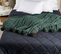 Peace Love World 70x60 Pom Pom Cable Knit Blanket in Dark Forest - £155.03 GBP