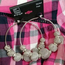 Hoop Earrings  Large Silvertone Mesh Beads with Rhinestones 4&quot; Rondelle.. NWT - £15.62 GBP