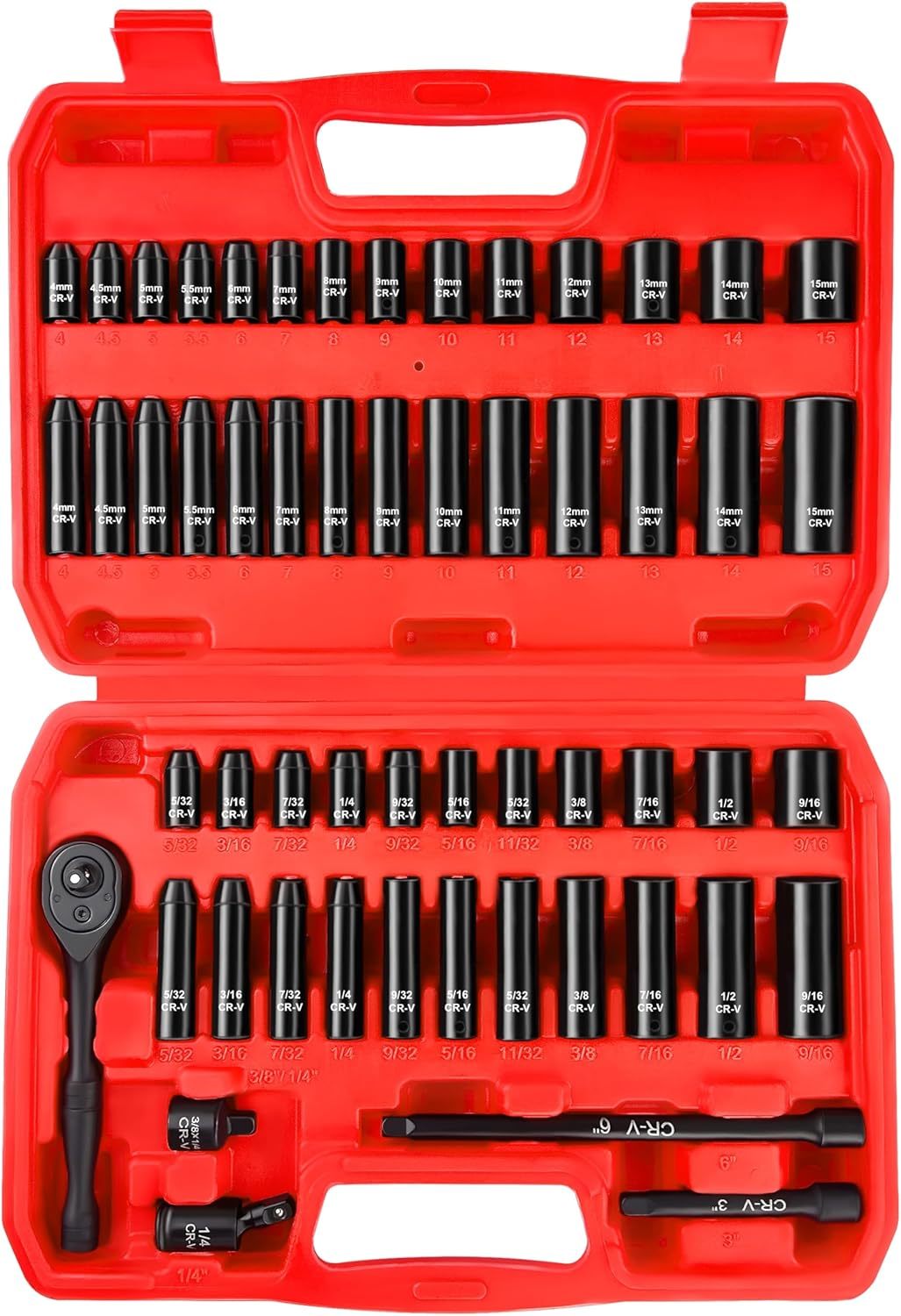 Wett 1/4&quot; Drive Impact Socket Set, 55 Piece, Sae/Metric, Deep/Shallow, Cr-V - $40.98
