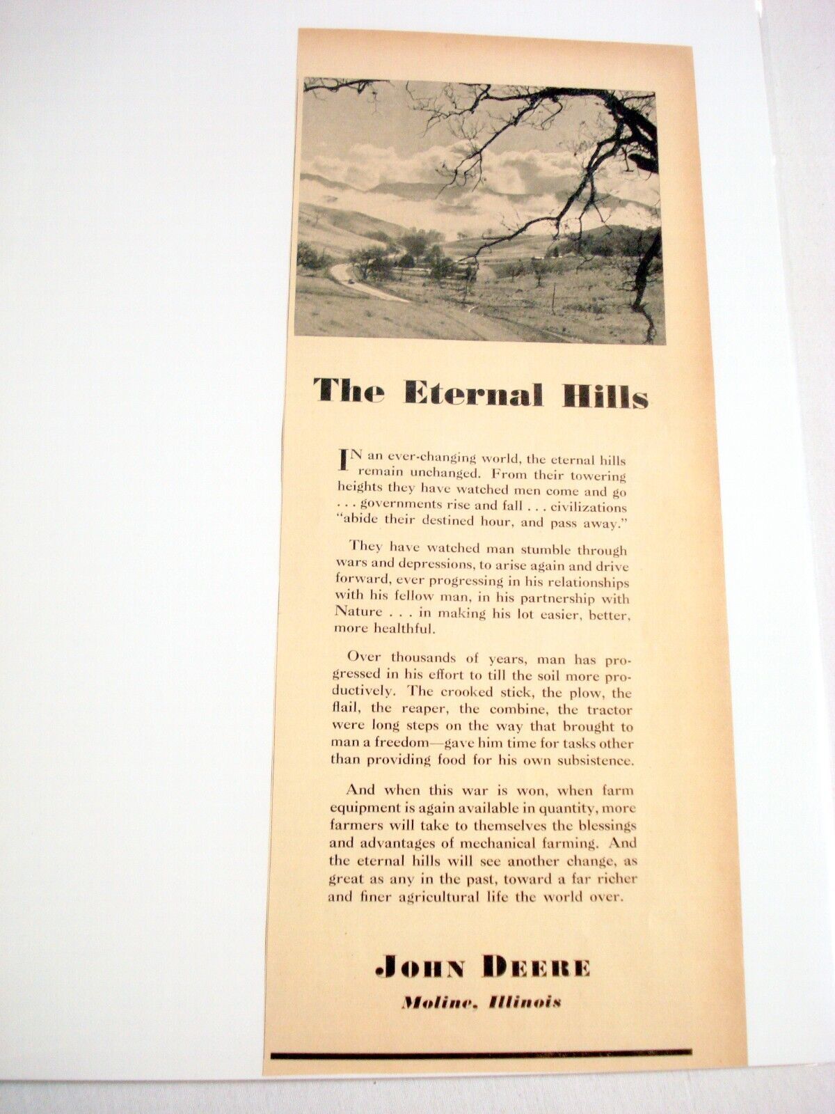 1943 Ad World War II John Deere, Moline, Illinois The Eternal Hills - $8.99
