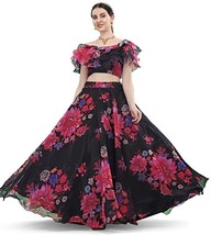 Donna Lehenga Choli Organza &amp; Zari Lustrini Borchiato Semi-Cucita Fiore Nero - £39.16 GBP