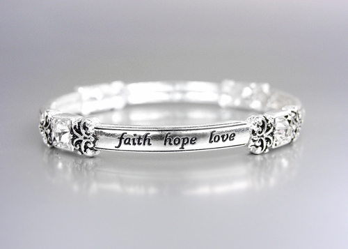 INSPIRATIONAL Silver FAITH HOPE LOVE Filigree Crystals Stackable Stretch Bracele