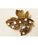 Gold Tone metal Leaf moonstone glow stones Bow Pin Brooch - £19.55 GBP