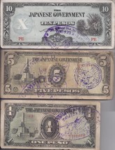 Japanese Occupation Philippine Peso 10, 5, 1 Paper Money - $7.95