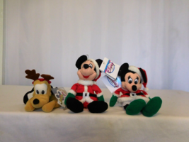 Disney Christmas Santa Mickey &amp; Minnie Mouse Bean Bag Plush + Pluto Reindeer - £22.22 GBP