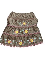Homemade 3 Tier Costume Embroidered Skirt Brown Yellow Flowers Mexican S... - £14.76 GBP