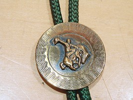 Vintage Western Bucking Bronco Bull Rider Bolo Tie Silver Tone Brass Tips Green - £21.55 GBP