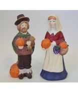 Pilgrims Man Woman Set Pumpkin Statue Figurine Porcelain Pottery Thanksgiving - $35.00