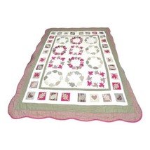 Vintage Hand Stitched Fall Leaves Hearts Homemade Quilt Scalloped Edges 65X 80” - £97.15 GBP