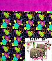 PINK COOKIE LOVE HEARTS AND PEACE BLACK 3PC TWIN SIZE SHEETS BEDDING SET... - £29.53 GBP