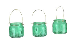 Set of 3 Leaf Textured Green Glass Tealight Candle Lanterns with Wire Handles - £20.24 GBP
